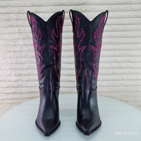 Mileage Pink Rhinestone Design Black Country Western Cowgirl Boots - Picture 6 of 10